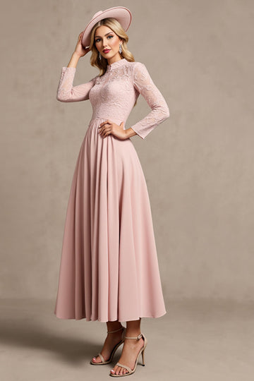 Robe de mère de la mariée à manches longues à manches longues rose bonbon avec appliques